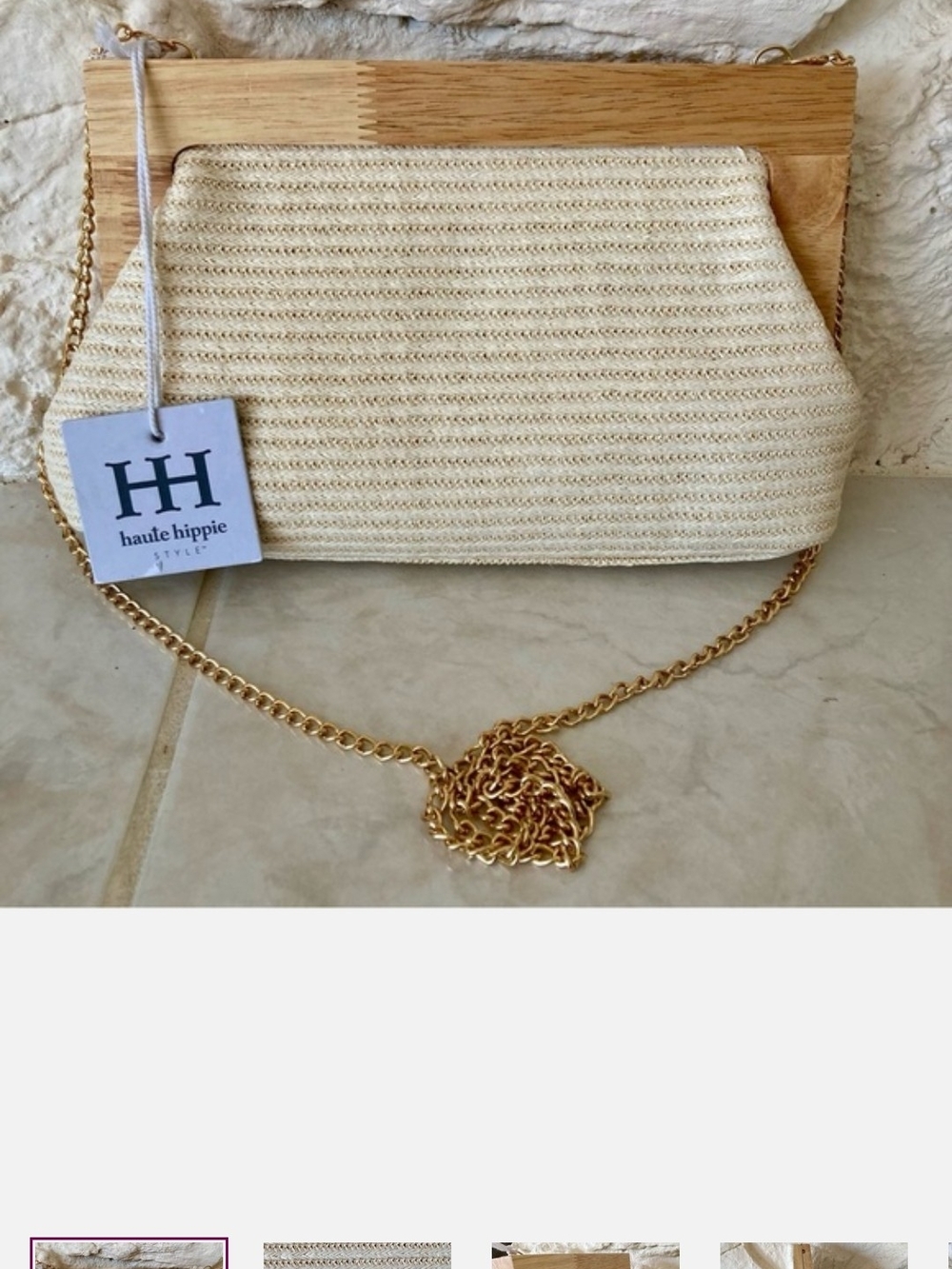 Haute Hippie Cream Woven Crossbody with Gold Chain and Wood Top Trim